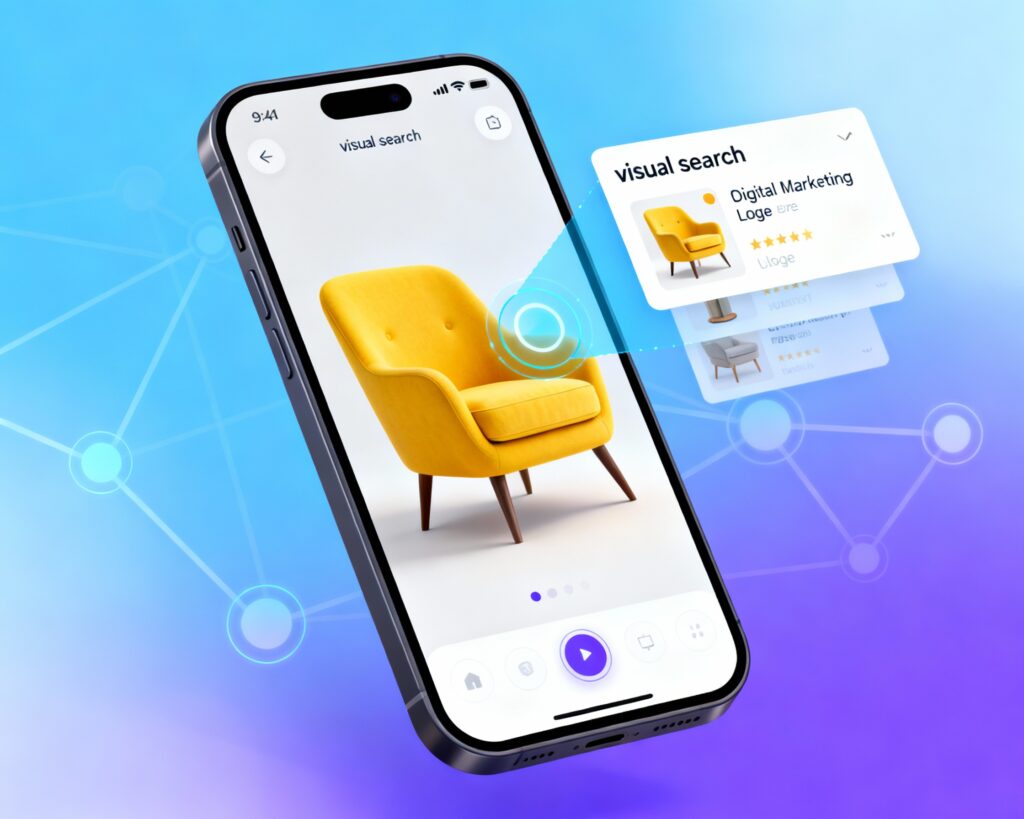 "Illustration of a smartphone screen using a visual search lens to scan a yellow armchair, displaying matching product results on a blue and purple digital background."