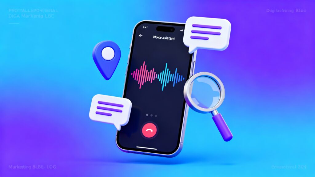 "Illustration of voice search optimization concept on a smartphone screen showing sound waves, a location pin, and speech bubbles on a blue and purple tech background, representing local SEO and conversational search queries.