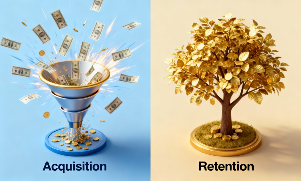 Isometric 3D illustration comparing a chaotic acquisition funnel with money flying out versus a stable, growing retention tree with golden leaves, symbolizing client retention vs acquisition agencies.