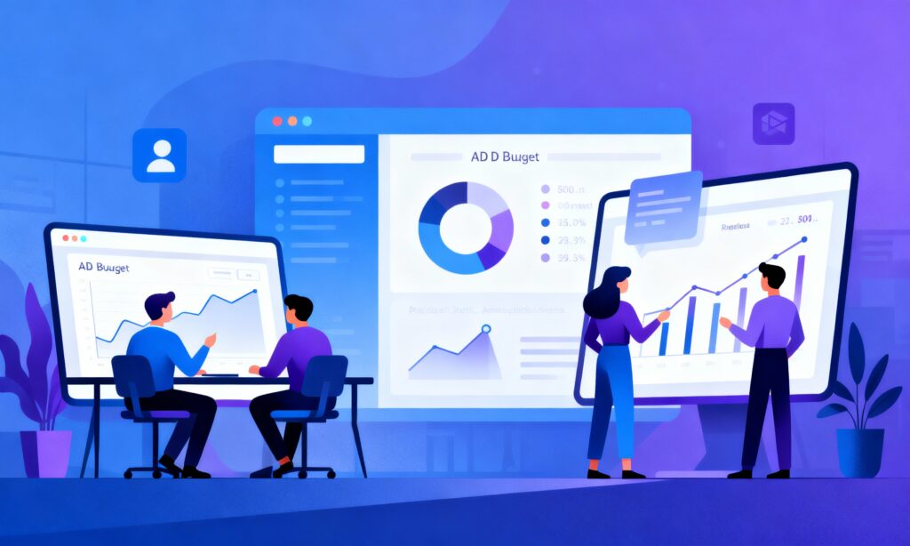 Digital illustration of a 'Reality Bridge' connecting a stack of budget coins to glowing social media growth icons.