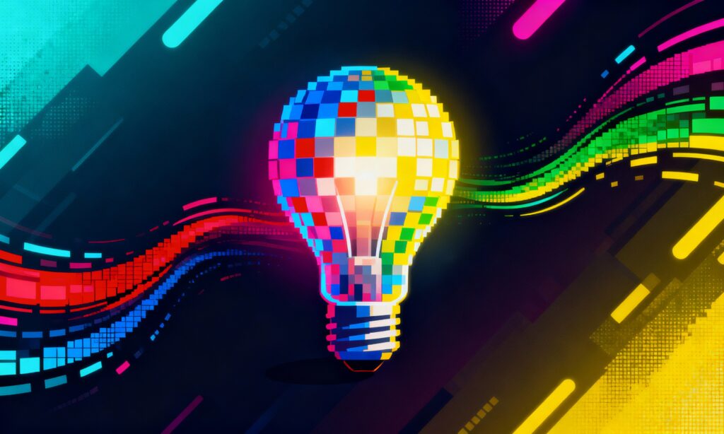 Digital illustration of a glowing lightbulb formed by colorful data streams and pixels, representing creative advertising innovation.