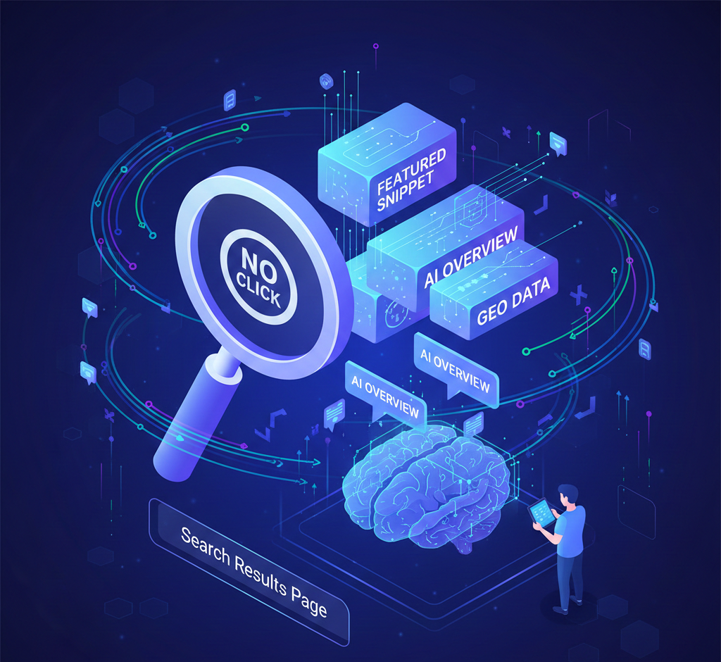 Isometric illustration showing the Zero-Click Search challenge, with a large magnifying glass labeled 'NO CLICK' hovering over abstract blocks labeled 'FEATURED SNIPPET,' 'AI OVERVIEW,' and 'GEO DATA' within a complex data network, symbolizing content optimization for direct search answers.