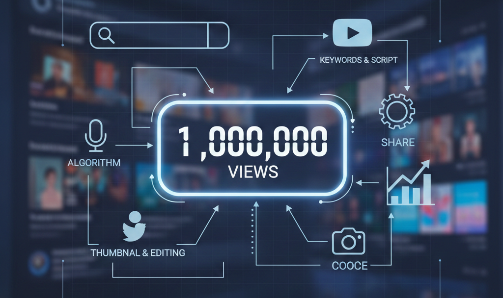 Video SEO blueprint graphic showing $1,000,000$ views surrounded by steps like keywords, algorithm, and thumbnail.