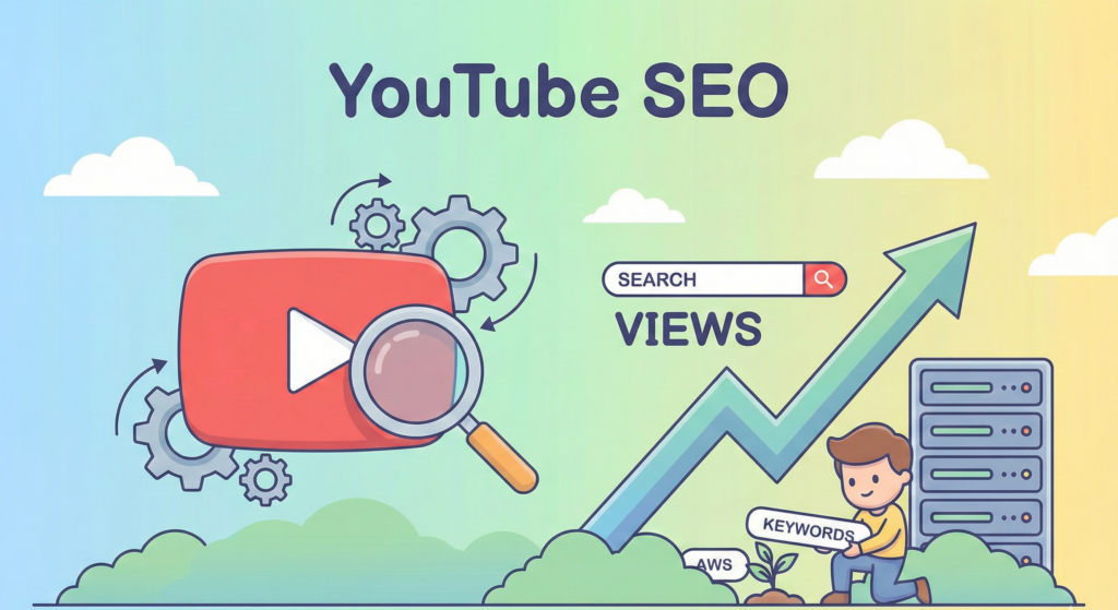 Minimal cartoon illustration of YouTube SEO, showing keyword optimization leading to increased views.