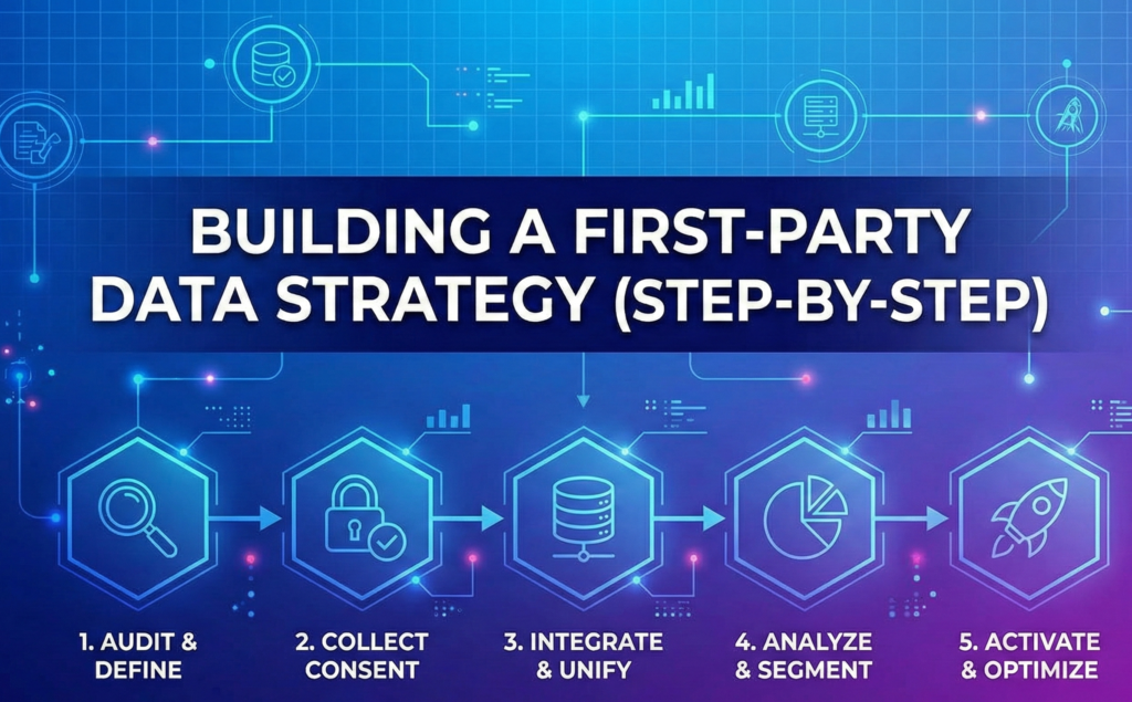 "Infographic titled 'Building a First-Party Data Strategy (Step-by-Step)' illustrating a five-stage process flow from auditing data to activation and optimization."
