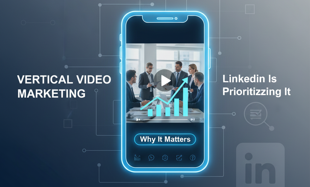 Vertical video marketing and LinkedIn logo on a smartphone.