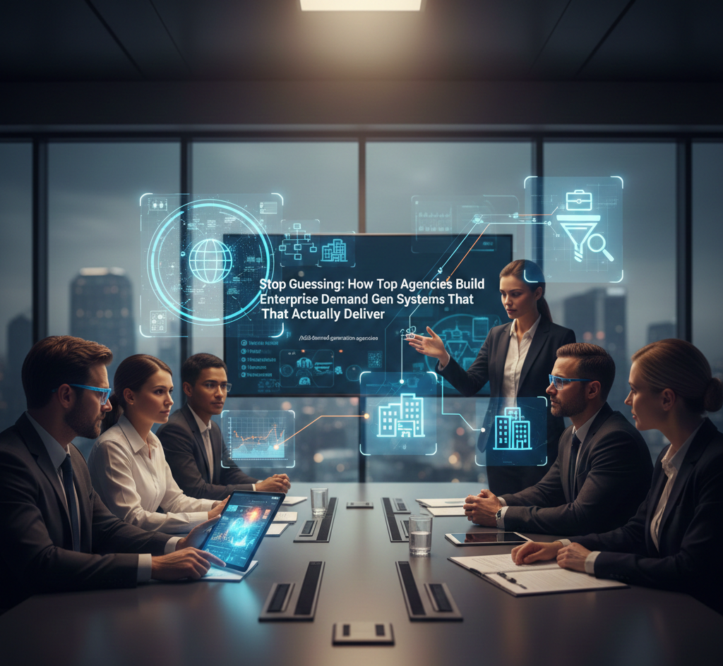 A business meeting showing a female presenter in a modern boardroom. She is pointing to a large, futuristic screen displaying B2B demand generation data and digital icons over a cityscape backdrop, illustrating a strategic discussion on enterprise lead generation systems.