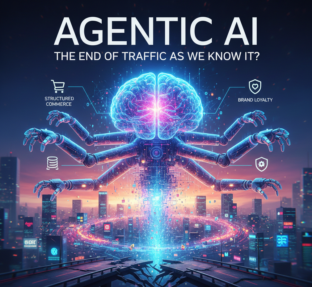 Visualization of the new publishing strategy landscape, showing how Agentic AI acts as a proxy, necessitating a pivot towards content licensing and structured commerce.