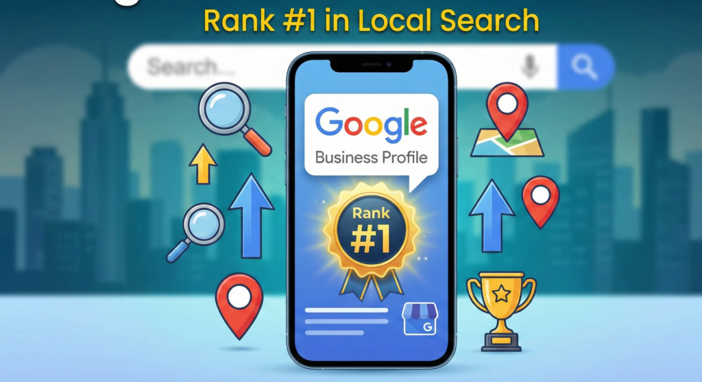 "Smartphone displaying Google Business Profile interface with a Rank #1 badge and local search map pins."