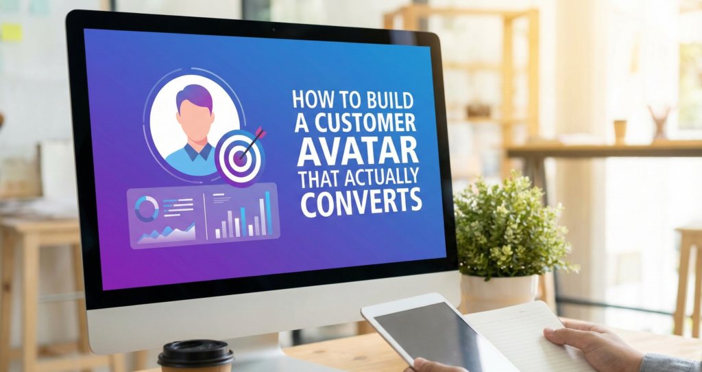 A computer screen displays a graphic with a customer avatar, a target icon, and charts, accompanied by the text "HOW TO BUILD A CUSTOMER AVATAR THAT ACTUALLY CONVERTS".