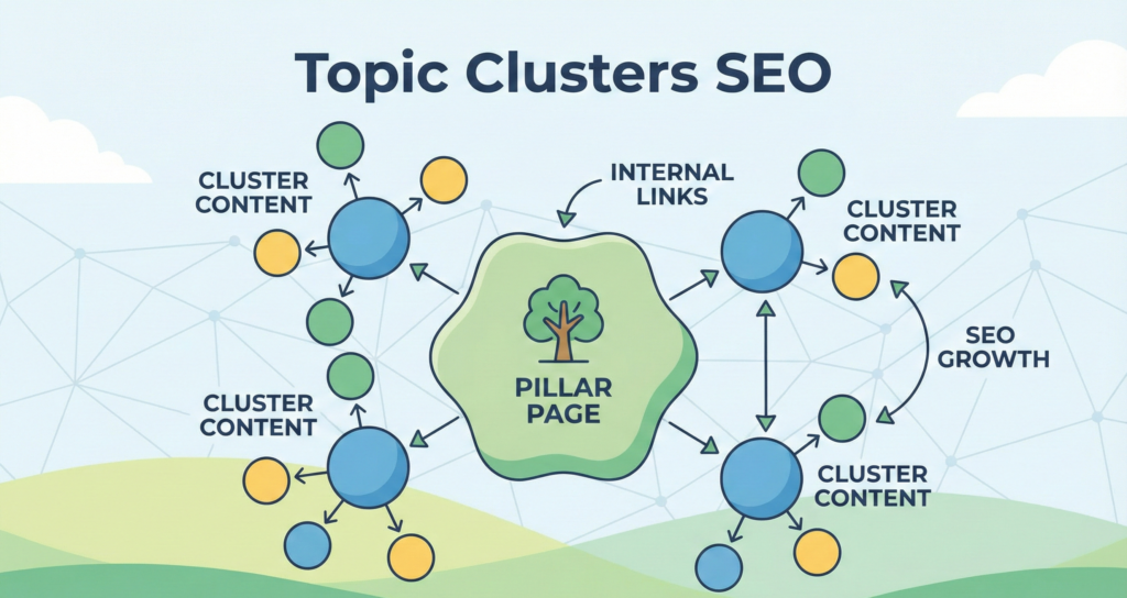 "A minimal cartoon diagram illustrating Topic Clusters SEO, featuring a central Pillar Page node connected to surrounding Cluster Content nodes with arrows."
