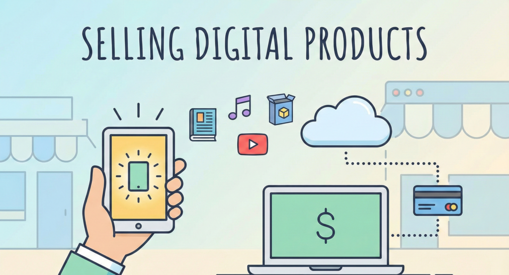 Minimal cartoon illustration of digital products being sold via smartphone and laptop.