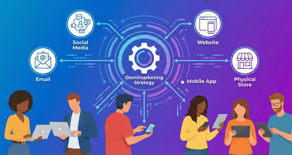 Infographic illustrating an omnimarketing strategy connecting distinct channels like social media, email, website, and physical stores for a seamless customer experience.
