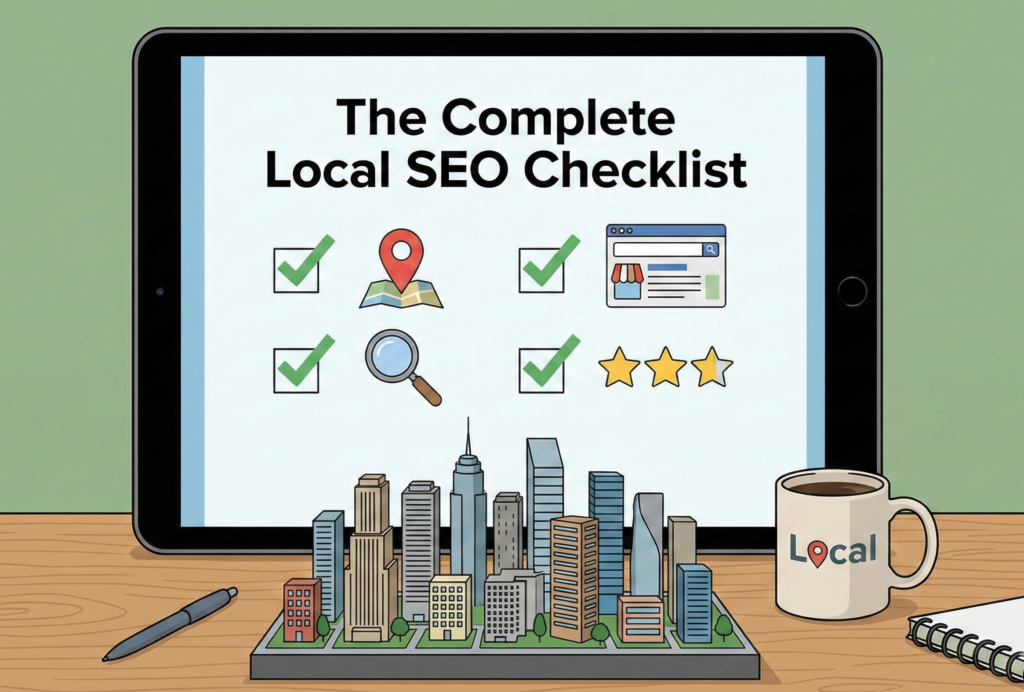 Tablet showing The Complete Local SEO Checklist with a miniature cityscape on a desk.