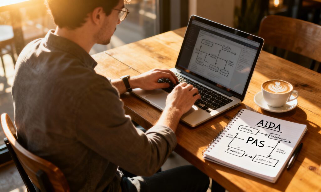 A copywriter sitting in a cozy coffee shop with a laptop, writing down "AIDA" and "PAS" framework notes in a notebook, surrounded by warm light and a latte.