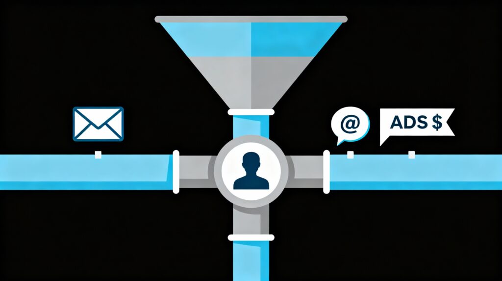 Illustration showing a multi-channel lead generation pipeline funneling leads into a central system