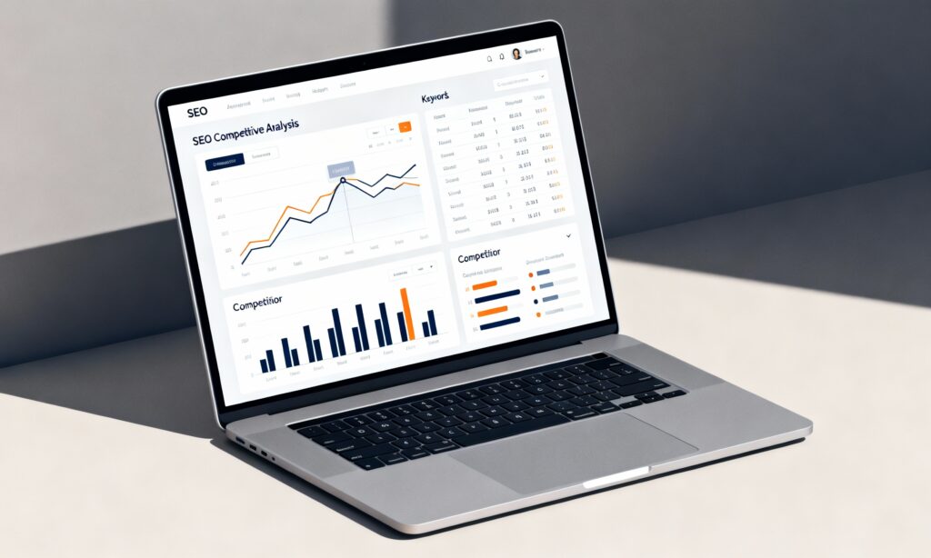 Laptop screen displaying a Semrush competitive analysis dashboard with keyword gap charts and competitor ranking graphs