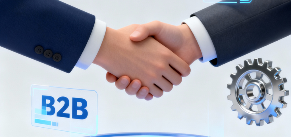 Modern 3D illustration representing B2B marketing strategy with interconnected gears, growth charts, and a partnership handshake.
