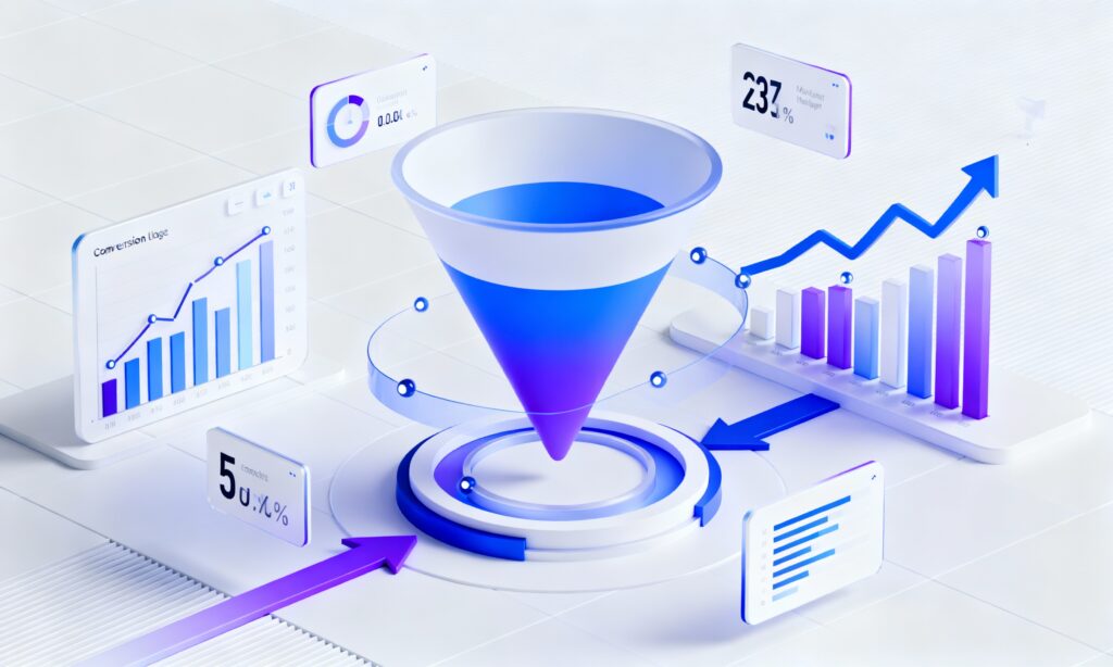 3D illustration of a digital marketing funnel with charts, arrows, and rising graphs showing funnel optimization in blue and purple.