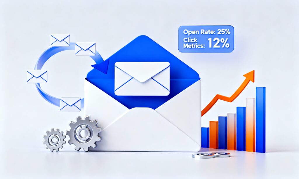 3D illustration of email marketing strategy with open envelope, automation icons, analytics graphs, and segmentation arrows in blue and orange.