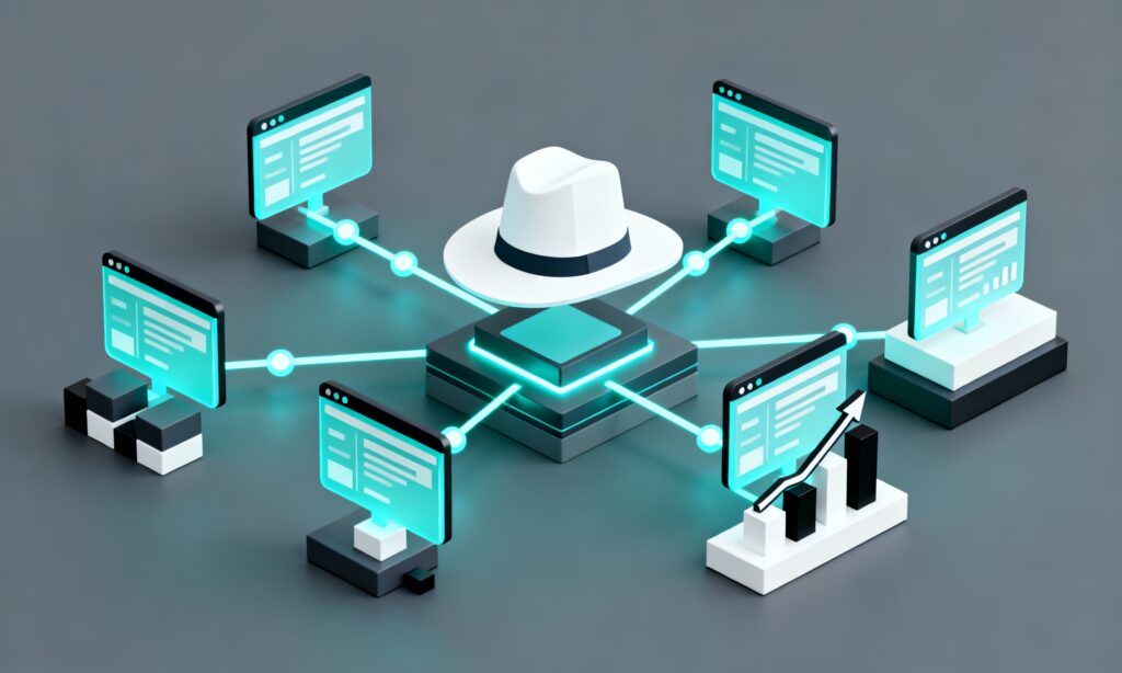 Featured image showing a network of digital connections and a white hat symbol representing the White Hat Link Building Framework in teal and grey