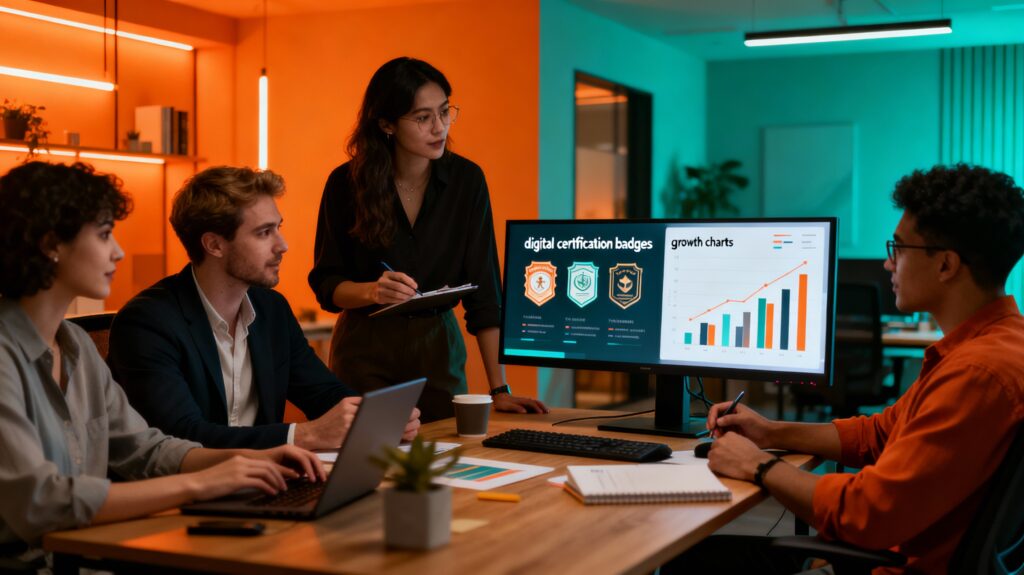 Digital agency team collaborating around a monitor displaying HubSpot certification badges and growth charts.