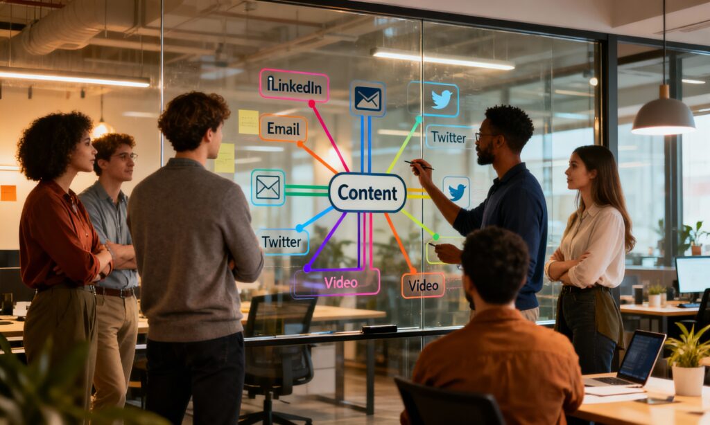 Digital marketing team mapping out a multichannel content distribution strategy on a glass whiteboard.