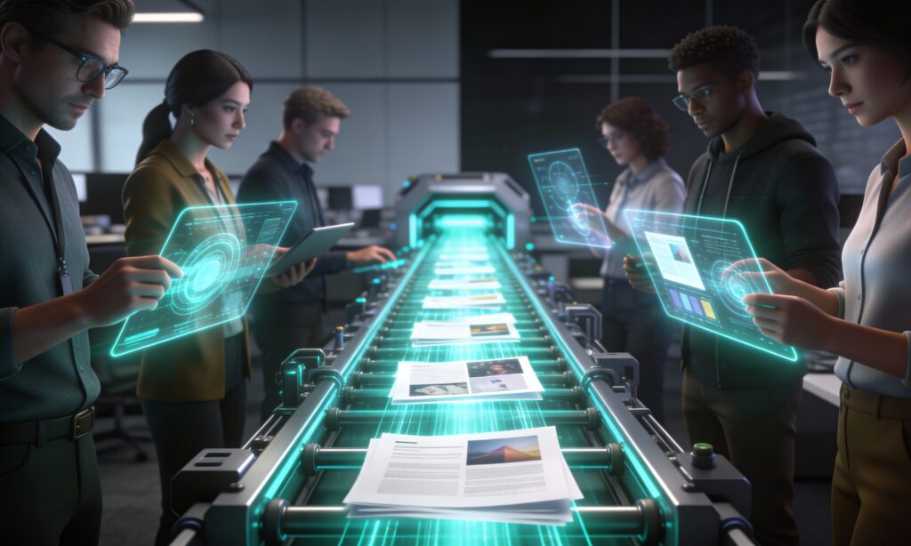 Futuristic digital content production workflow illustrating human-AI collaboration in a modern agency setting.