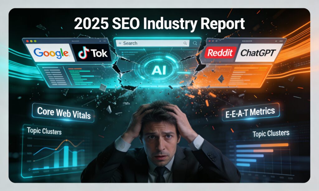 Dramatic 2025 SEO report header showing AI overviews dominating search results across multiple platforms with agency analytics in foreground.