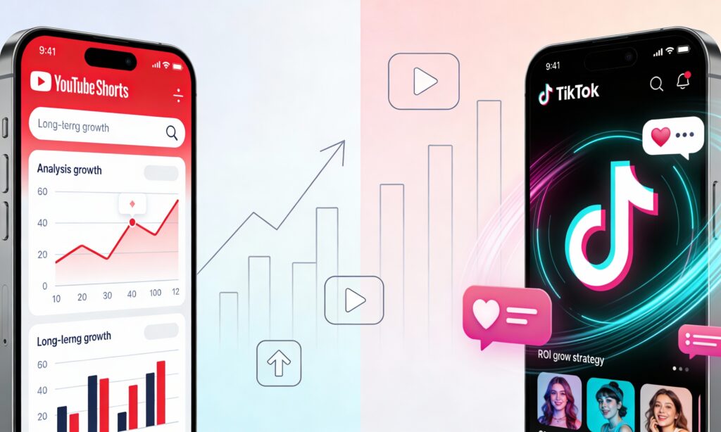 Split-screen illustration showing YouTube Shorts and TikTok interfaces side-by-side on smartphones, symbolizing a 2025 brand marketing comparison.