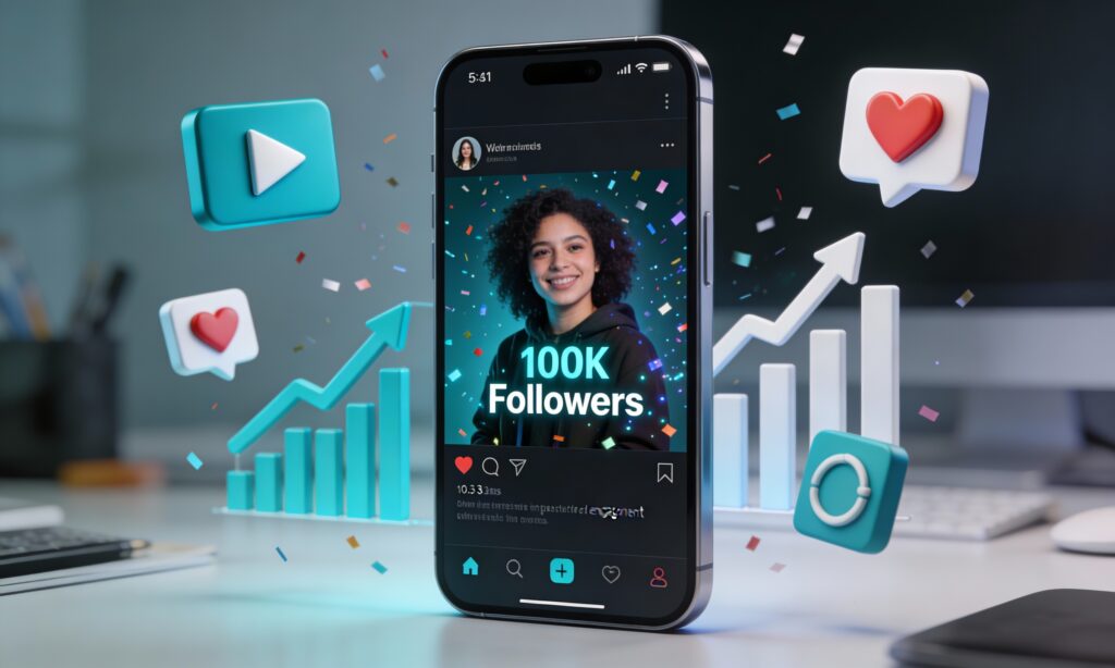 Smartphone screen showing 100K followers milestone with viral video growth icons in a modern workspace.