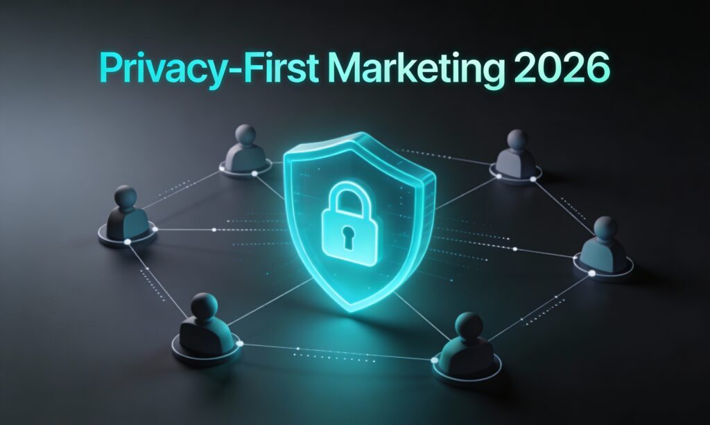 Futuristic digital illustration of a glowing teal shield connecting user profiles, symbolizing privacy-first marketing and data protection in 2026.