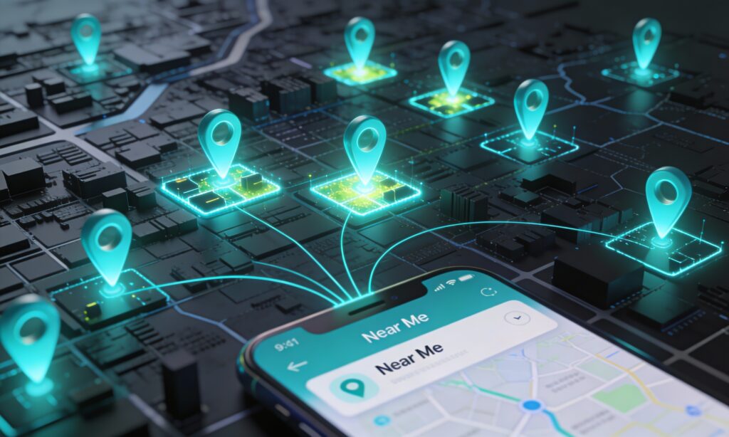 Futuristic 3D city map with glowing teal pins highlighting specific neighborhoods, symbolizing hyperlocal SEO dominance.