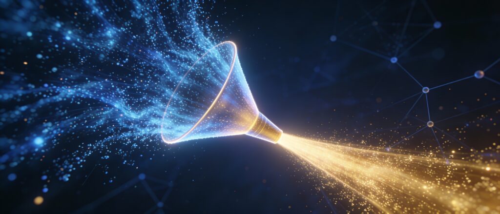 Digital illustration of a full-funnel marketing journey showing scattered awareness particles flowing into a focused conversion beam.