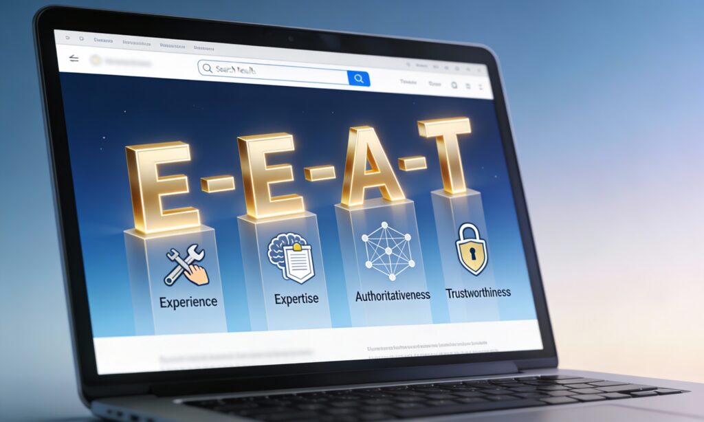 Sleek laptop displaying Google search results with glowing E-E-A-T pillars (Experience, Expertise, Authority, Trust) rising from the screen in blue-gold gradient, symbolizing SEO trust signals.