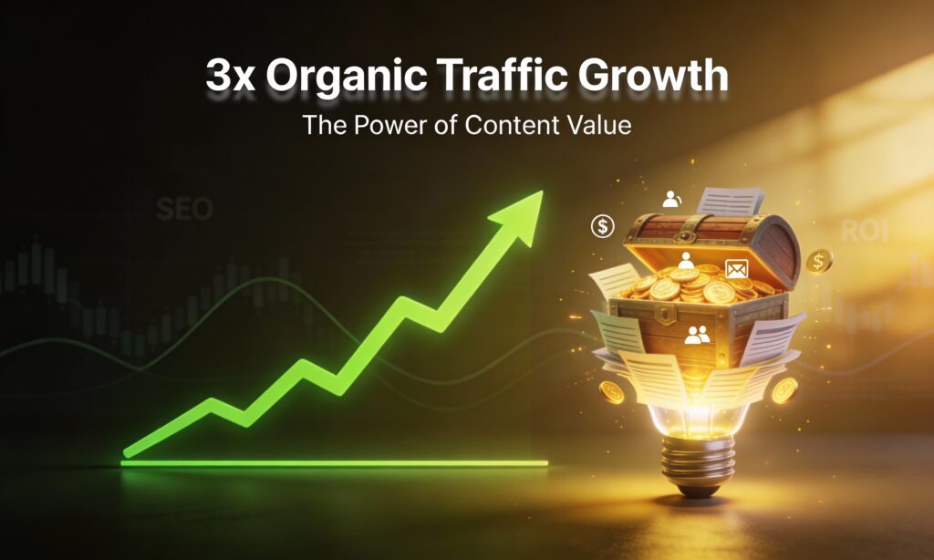 Dynamic 5:3 landscape graph showing 3x organic traffic growth from flatline to peak, with glowing content pages transforming into ROI treasure chest under golden sunlight