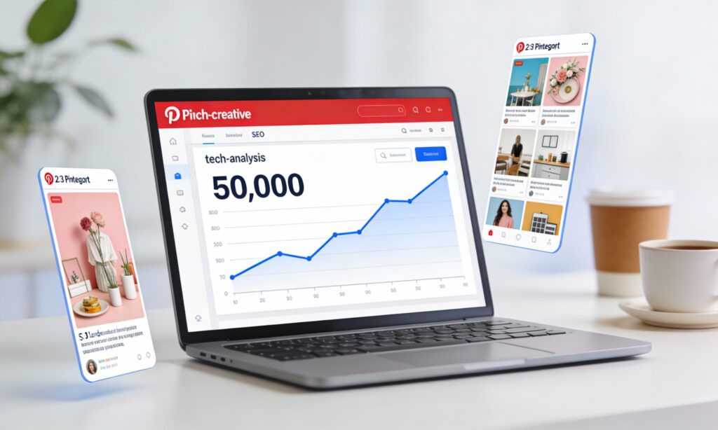 A laptop displaying a rising Pinterest traffic graph next to vibrant floating pins in a bright, modern creative workspace