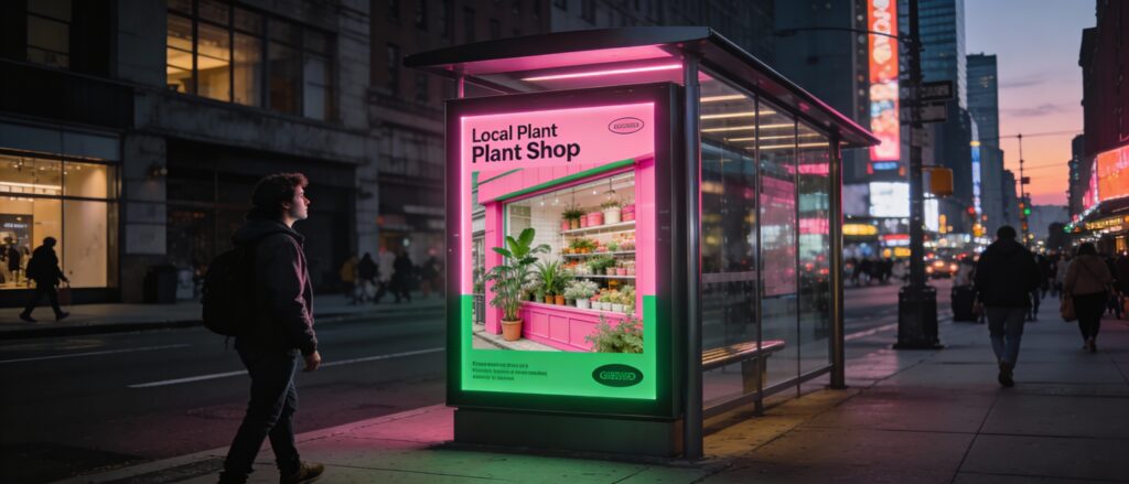 Modern digital billboard at a city bus stop displaying a vibrant local advertisement