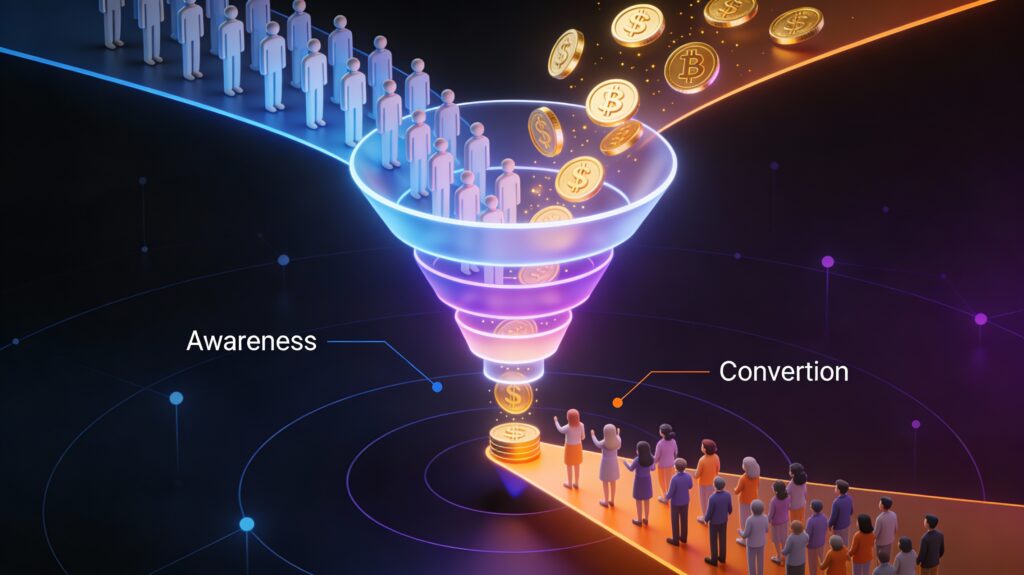 3D isometric digital marketing funnel illustration showing the customer journey from awareness to conversion