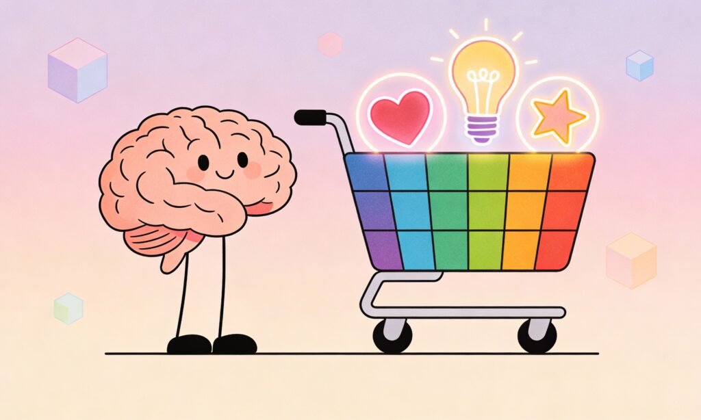 Minimal cartoon illustration of a brain standing next to a shopping cart filled with heart, lightbulb, and star icons, symbolizing the psychology of consumer buying decisions