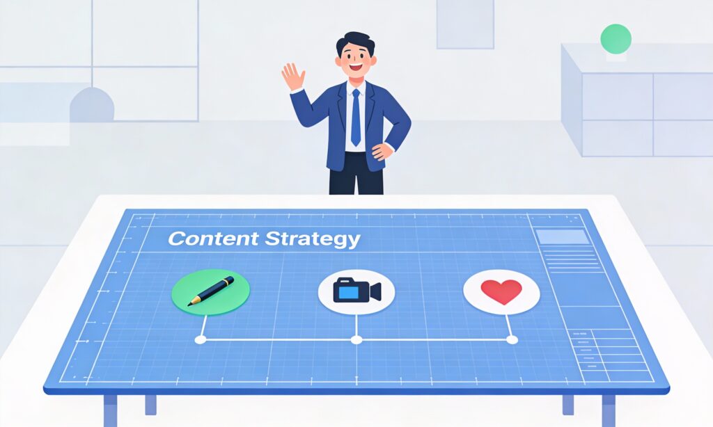 Minimal cartoon illustration of a professional character planning a clear content strategy roadmap on a large blueprint, symbolizing organized and confident marketing growth