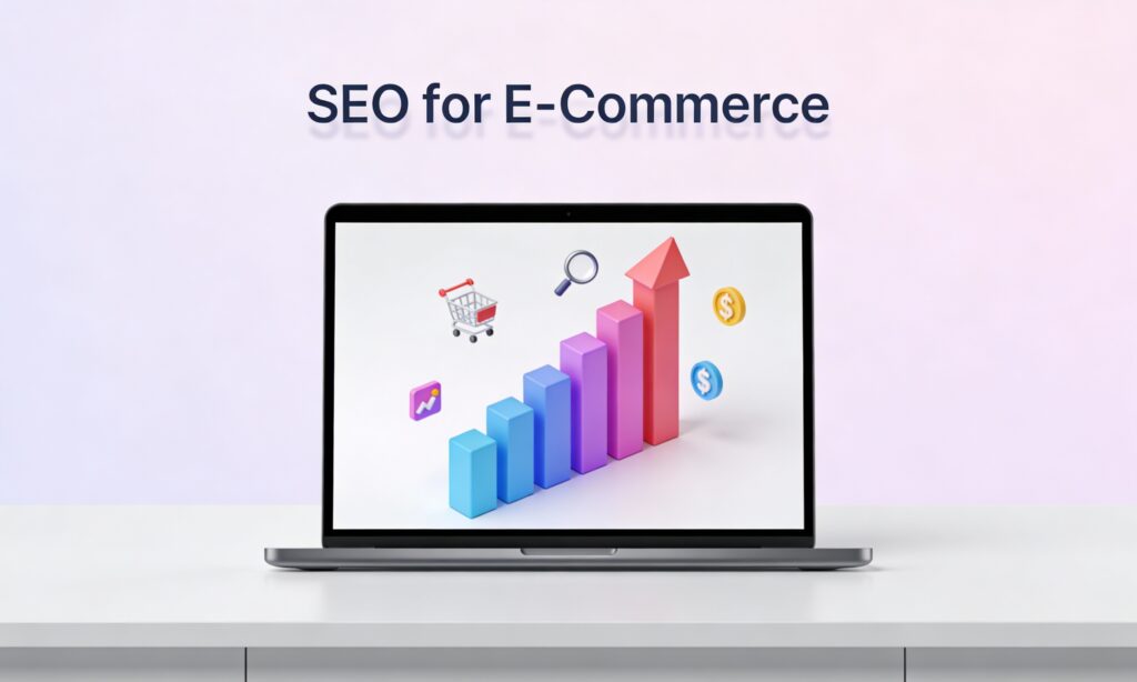 Minimalist cartoon of a laptop with rising sales charts and floating ecommerce icons