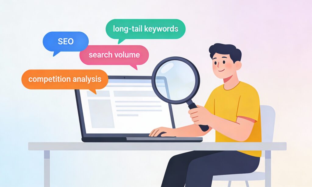 Minimalist cartoon of a person at a laptop using a magnifying glass to find floating keyword bubbles.