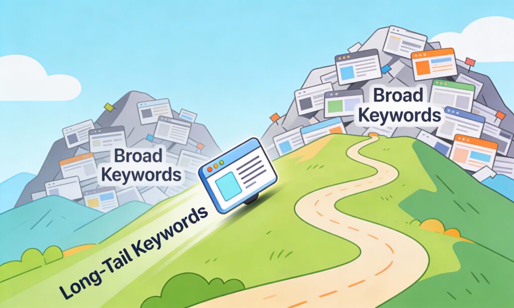 Minimal cartoon illustration of a website icon quickly climbing a path labeled "Long-Tail Keywords" while bypassing crowded mountains of broad keywords.