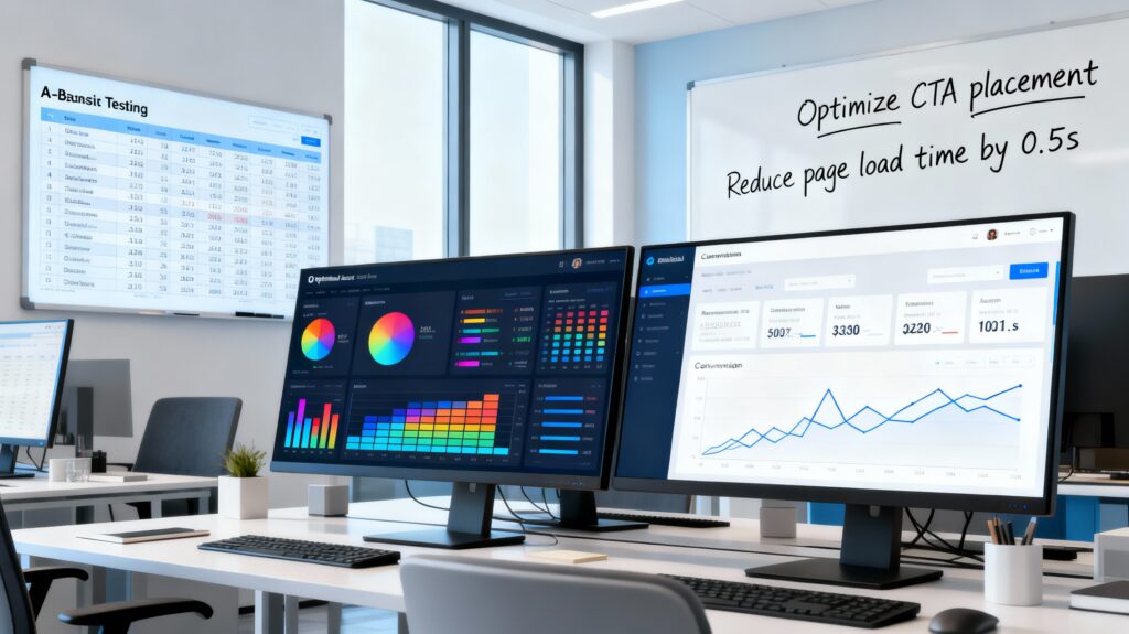 "Digital agency workspace displaying A/B testing results, heatmaps, and conversion analytics."