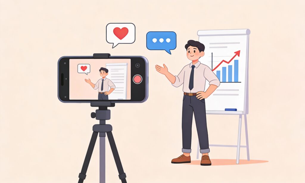 Minimal cartoon illustration of a business owner recording an educational video on a smartphone, surrounded by social media growth icons like hearts and charts.