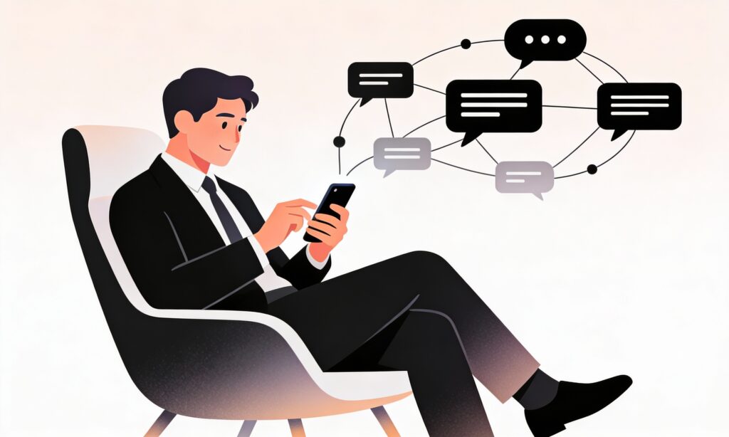 Minimal cartoon illustration of a professional typing on a smartphone, surrounded by floating speech bubbles and thread lines representing digital conversation and community building.