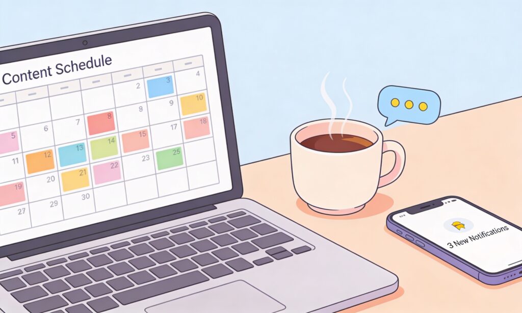 Minimal cartoon illustration of a tidy workspace with a laptop displaying an organized social media content calendar, accompanied by a coffee cup and smartphone.