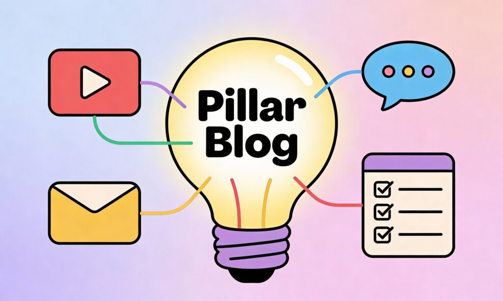 Minimal cartoon illustration of a glowing lightbulb branching into social media, video, and email icons to represent content repurposing