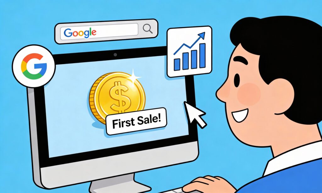 Minimal cartoon illustration of a beginner entrepreneur celebrating their first sale on a computer screen surrounded by Google Ads icons